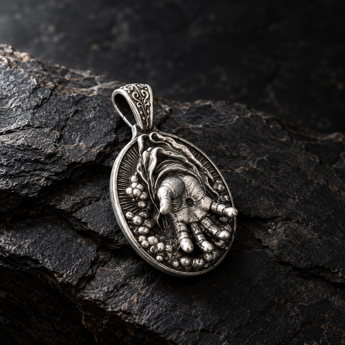 Silver Right Hand of God Pendant, oval medallion in hand-cast .999 fine silver, on dark slate