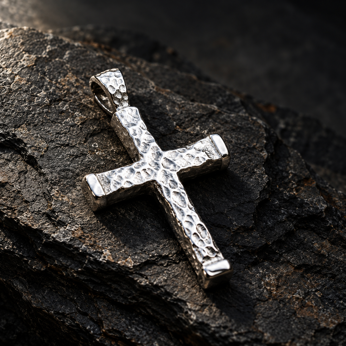 Silver Signature Cross Pendant, hand-cast hammered .999 fine silver, on dark slate