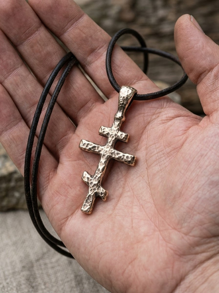 Bronze Orthodox Cross Pendant held in an open hand to show size