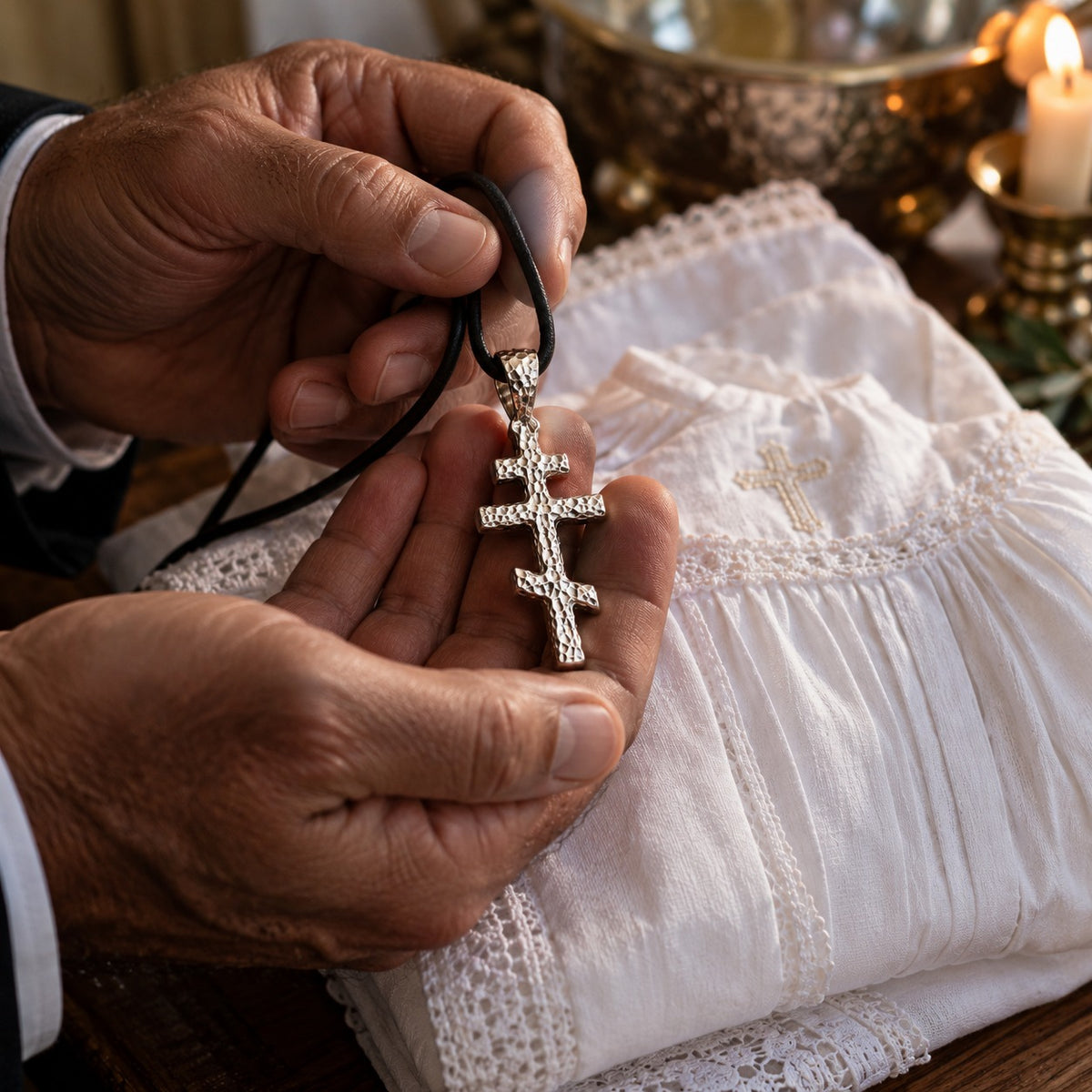 Silver Orthodox Cross Pendant on a black cord, held over a white baptismal garment