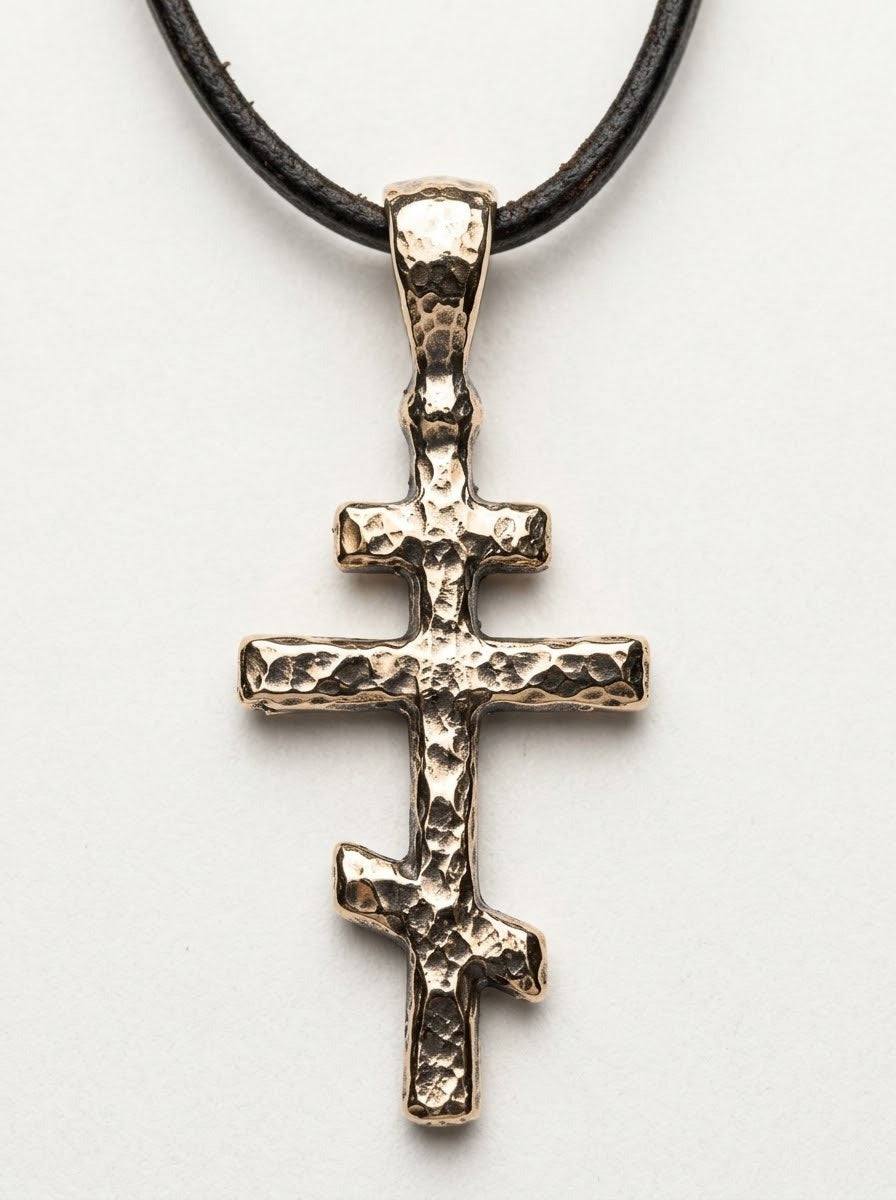 Orthodox Cross Pendant in bronze, eight-pointed cross on a leather cord, front view