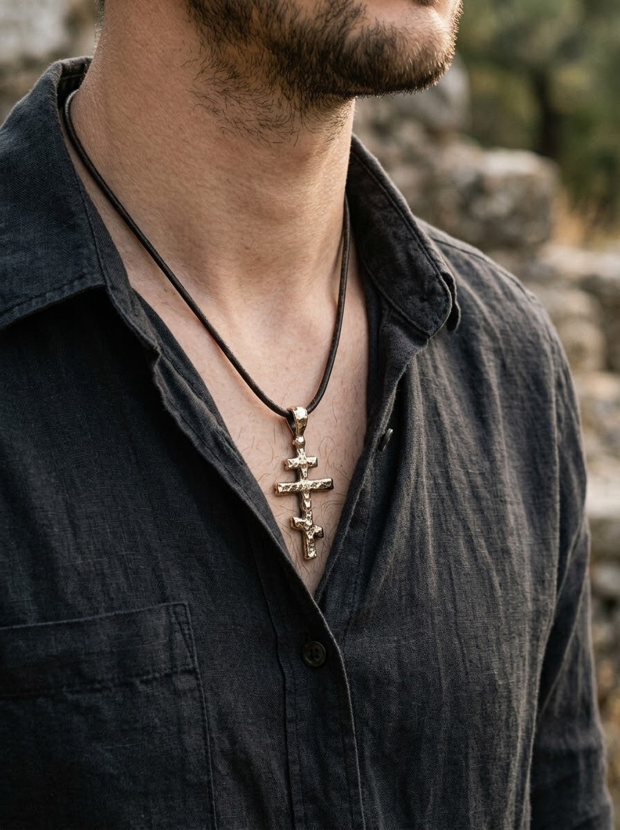 Man wearing the bronze Orthodox Cross Pendant on a leather cord