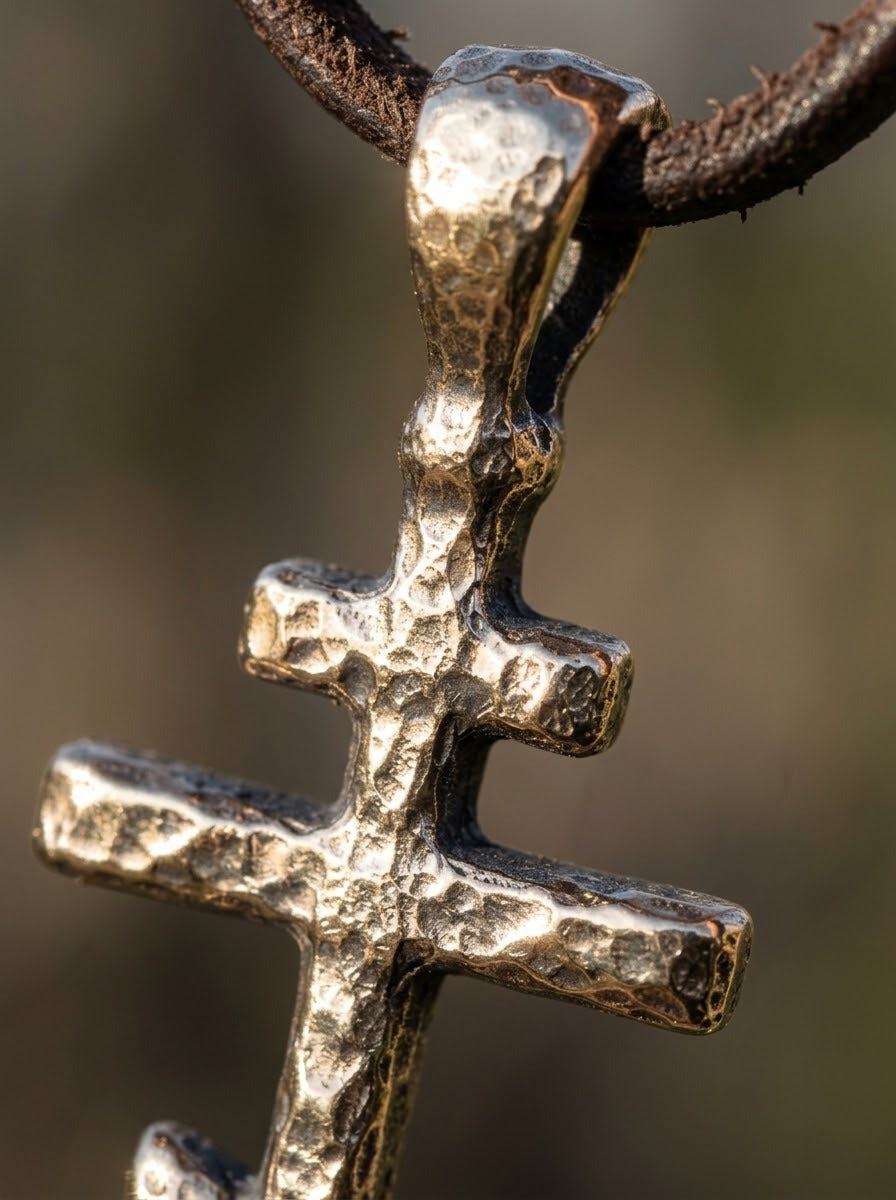 Bronze Orthodox Cross Pendant detail, hand-cast surface