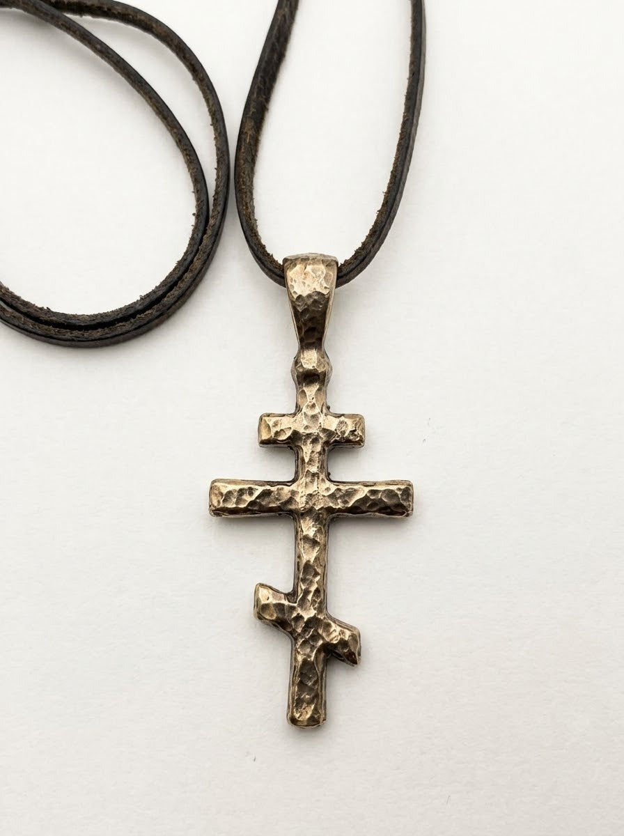 Bronze Orthodox Cross Pendant on a black leather cord